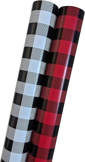 Amazon.com: Christmas Wrapping Paper Set - Buffalo Plaid in Black, White and Red - 200 Sq Feet (B... | Amazon (US)