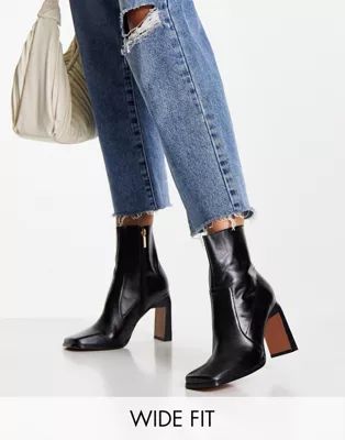ASOS DESIGN Wide Fit Embrace leather high-heeled square toe boots in black | ASOS (Global)
