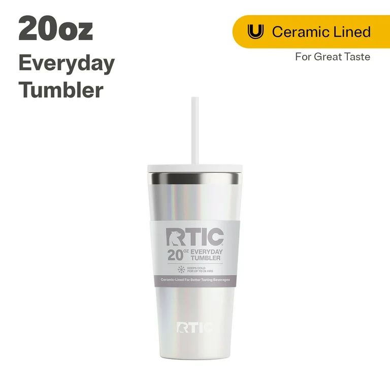 RTIC 20 oz Ceramic Lined Everyday Tumbler, Spill-Resistant Straw Lid, White Glitter | Walmart (US)
