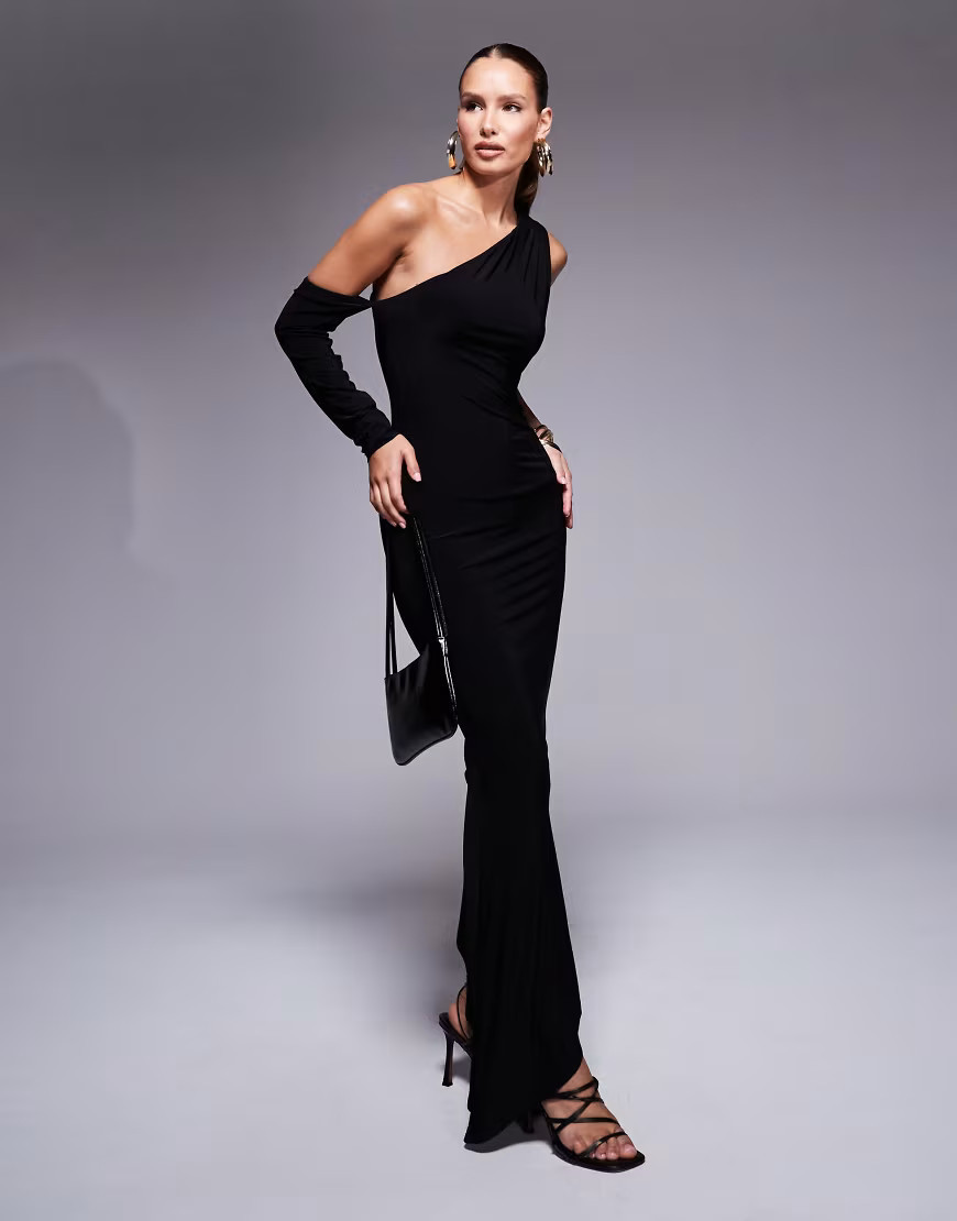 ASOS DESIGN asymmetric one sleeve maxi dress in black | ASOS (Global)