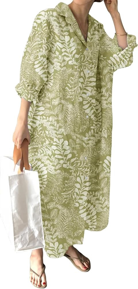 GGUHHU Womens Chic Button Down Rolled-Up Sleeve Long Cotton Blouse Maxi Dress | Amazon (US)