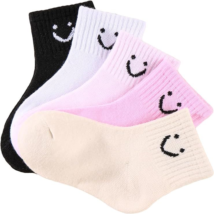 COZYEASE Girls' 5 Pairs Smiley Face Mid Calf Socks Cute Cartoon High Elasticity Sports Socks Mult... | Amazon (US)