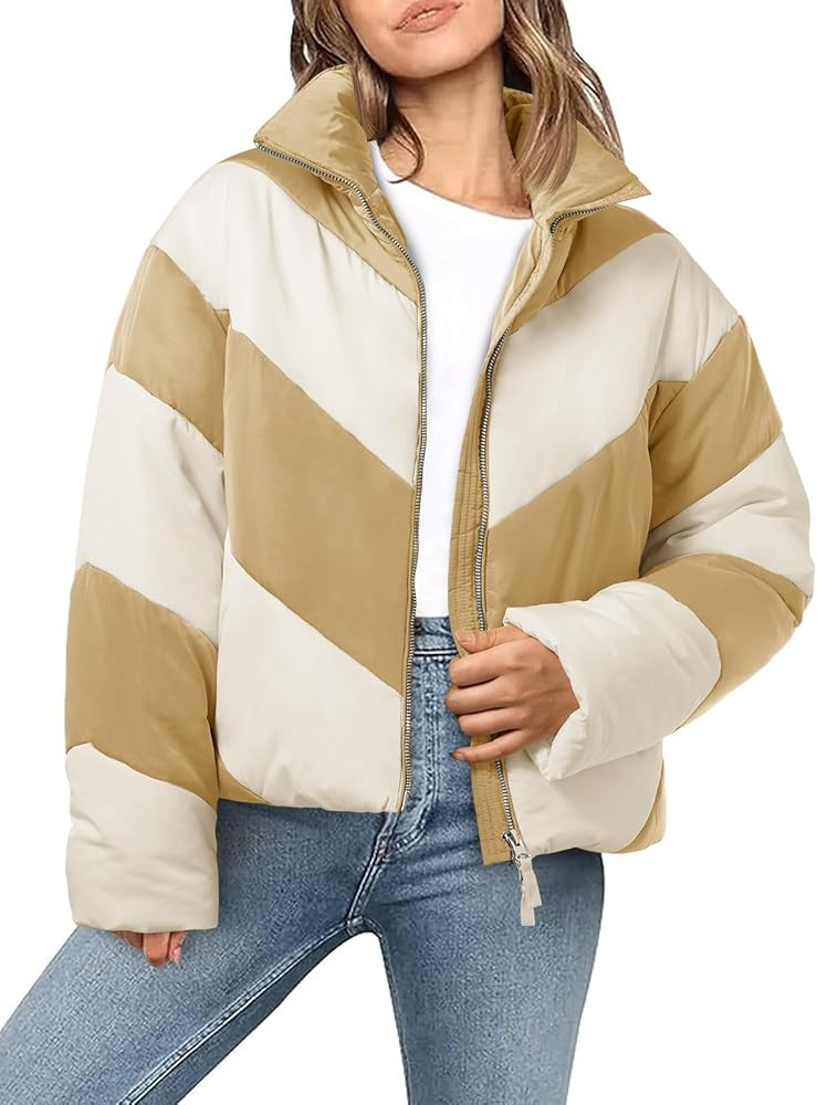 Tankaneo Womens Winter Cropped Puffer Jacket Color Block Zip Up Puffy Down Coats Oversized Outerw... | Amazon (US)
