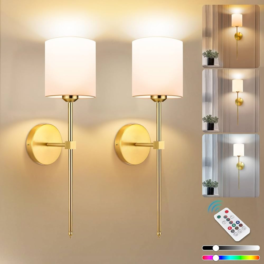 Adetu Battery Operated Wall Sconce Set of 2, Gold Rechargeable Wall Light with Remote, 10 Dimmabl... | Amazon (US)