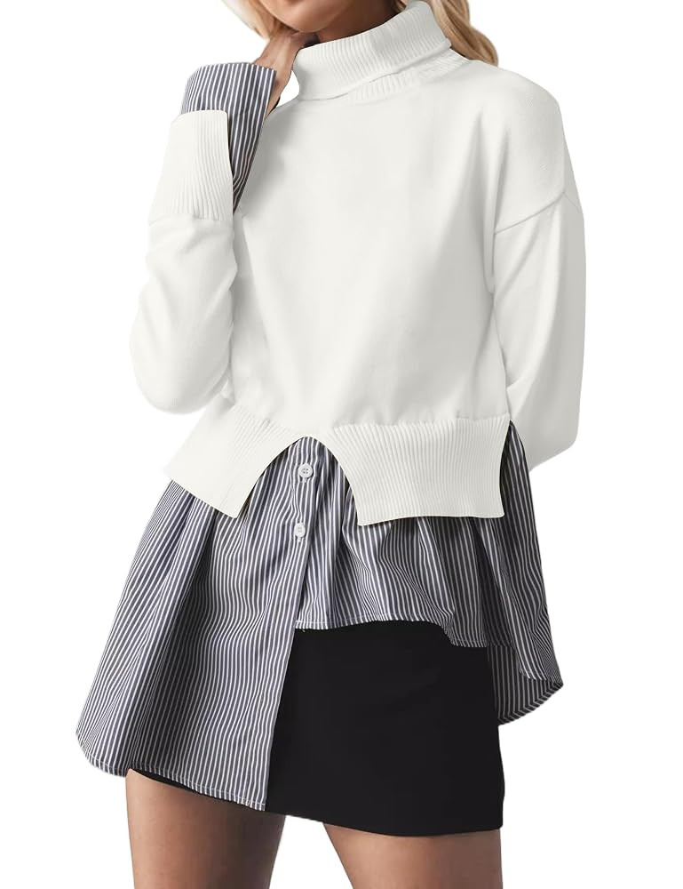 MISSACTIVER Women Slit Turtleneck Patchwork Sweater 2 in 1 Buttons Down Pullover Knit Sweater Asy... | Amazon (US)