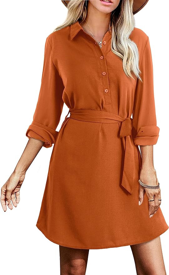Amoretu Womens Shirt Dresses Long Sleeve Button up Work Dress with Pockets | Amazon (US)
