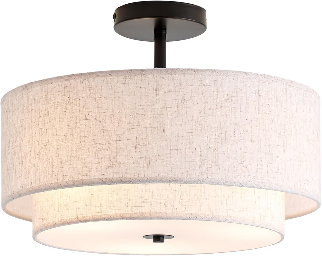 16" Double Drum 3-Light Semi Flush Mount Ceiling Light, Classic Fabric Linen Shade Design for Liv... | Amazon (US)