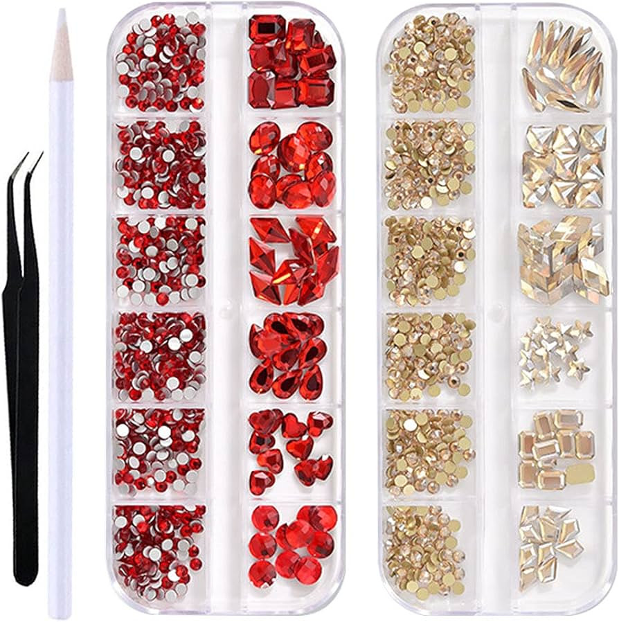 WOKOTO 2 Box Flat Back Champagne And Red Nail Rhinestones And Crystal Set For Acrylic Nails Fake ... | Amazon (US)