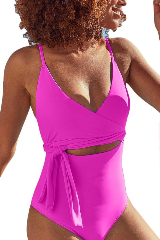 Women's Sexy Deep V Neck Wrapped One Piece Swimsuit Belted High Waist Swimwear | Amazon (US)