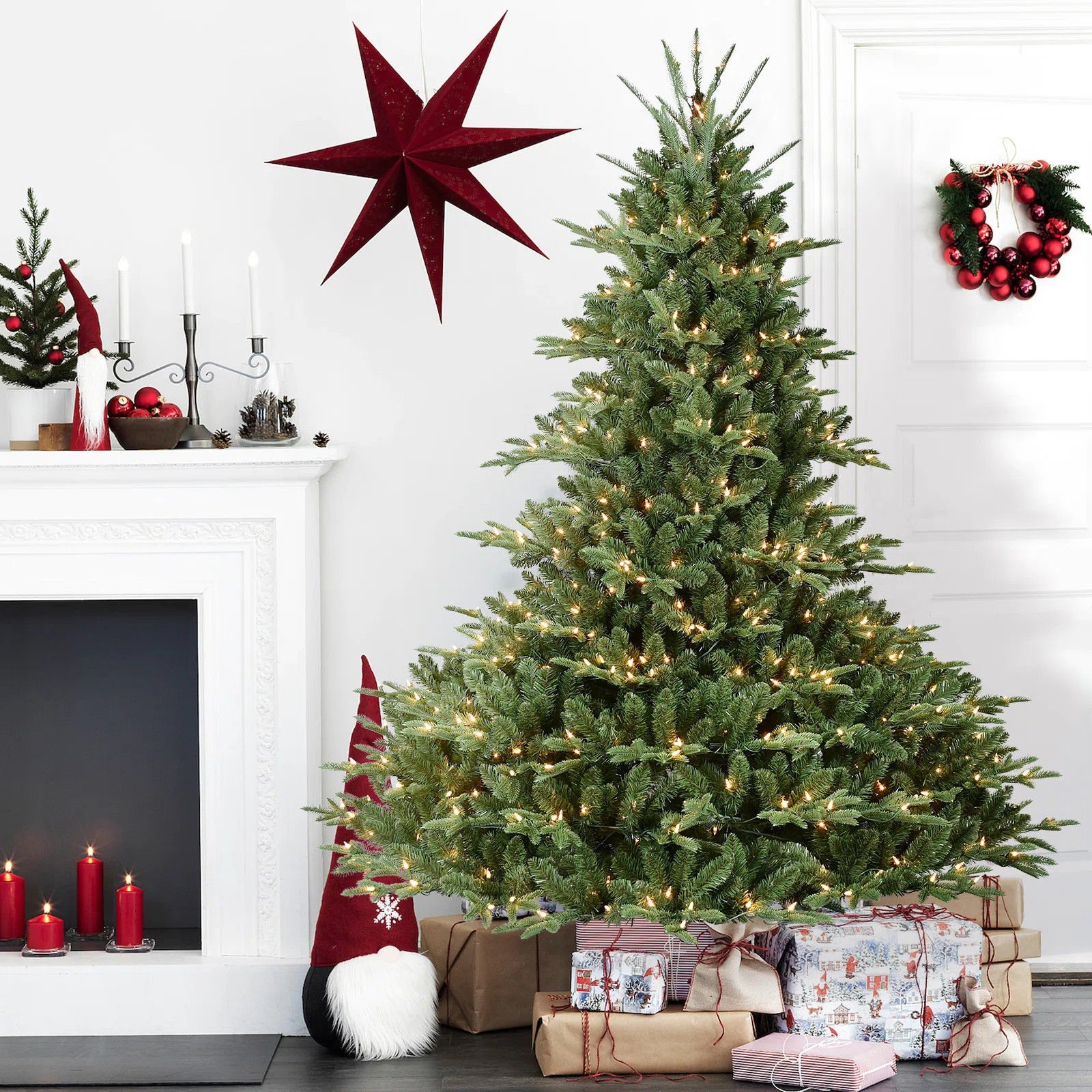 The Holiday Aisle® Pre-Lit Green Christmas Tree with PE/PVC Mixed Branches, Lights, Foldable Met... | Wayfair North America
