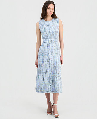 Women's Tweed Belted Sleeveless Midi Dress | Macy's