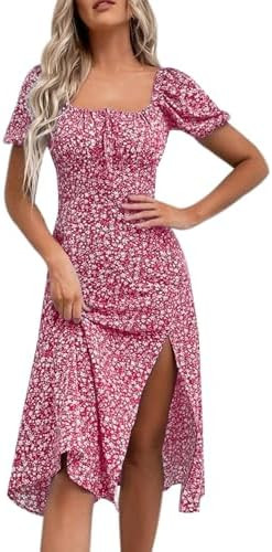 SPRIME Women's Floral Summer Casual Dress Square Neck Puff Sleeve Boho Midi Dresses Ruched Bust H... | Amazon (US)