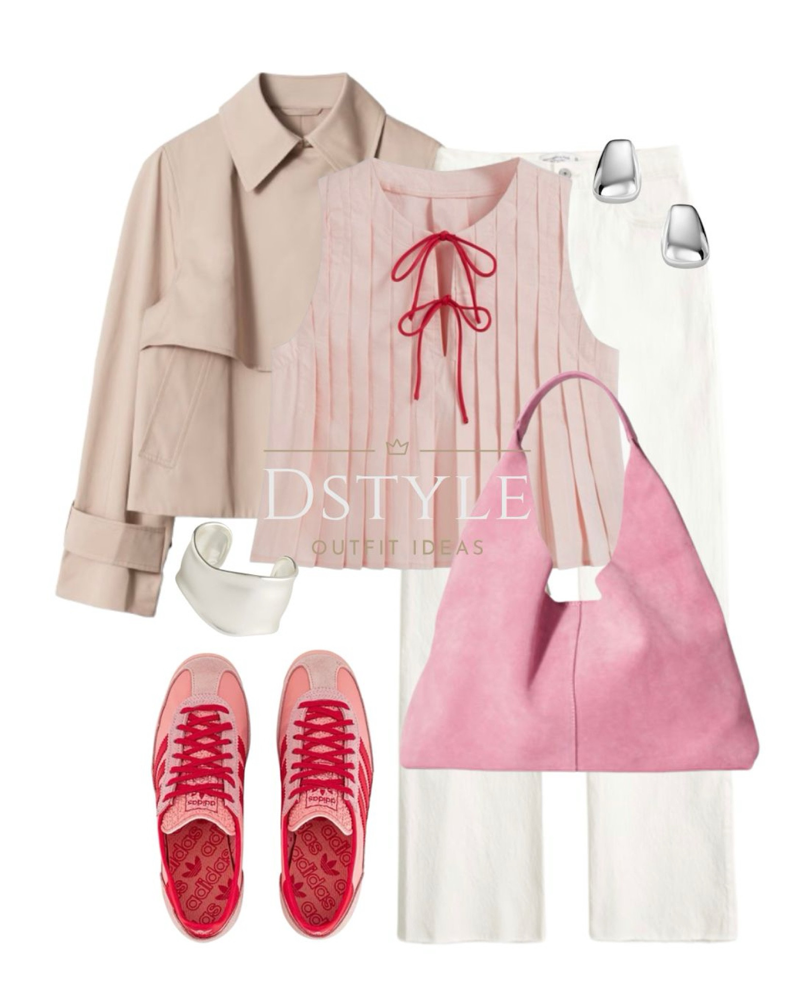 Light pink 100% Cotton pleated knotted crop top, beige short trench coat jacket, white jeans, pink suede bag, Adidas SL72 pink sneakers 

 

#LTKStyleTip #LTKShoeCrush #LTKItBag