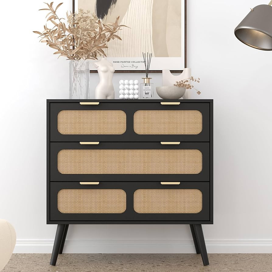 3 Drawer Dresser, Modern Rattan Dresser Chest with Wide Drawers and Metal Handles, Farmhouse Wood... | Amazon (US)