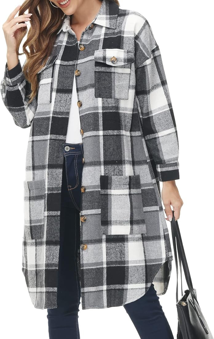 MCEDAR Women's Oversized Long Plaid Shacket Jacket Casual Lapel Long Sleeve Button Down Plus Size Fl | Amazon (US)