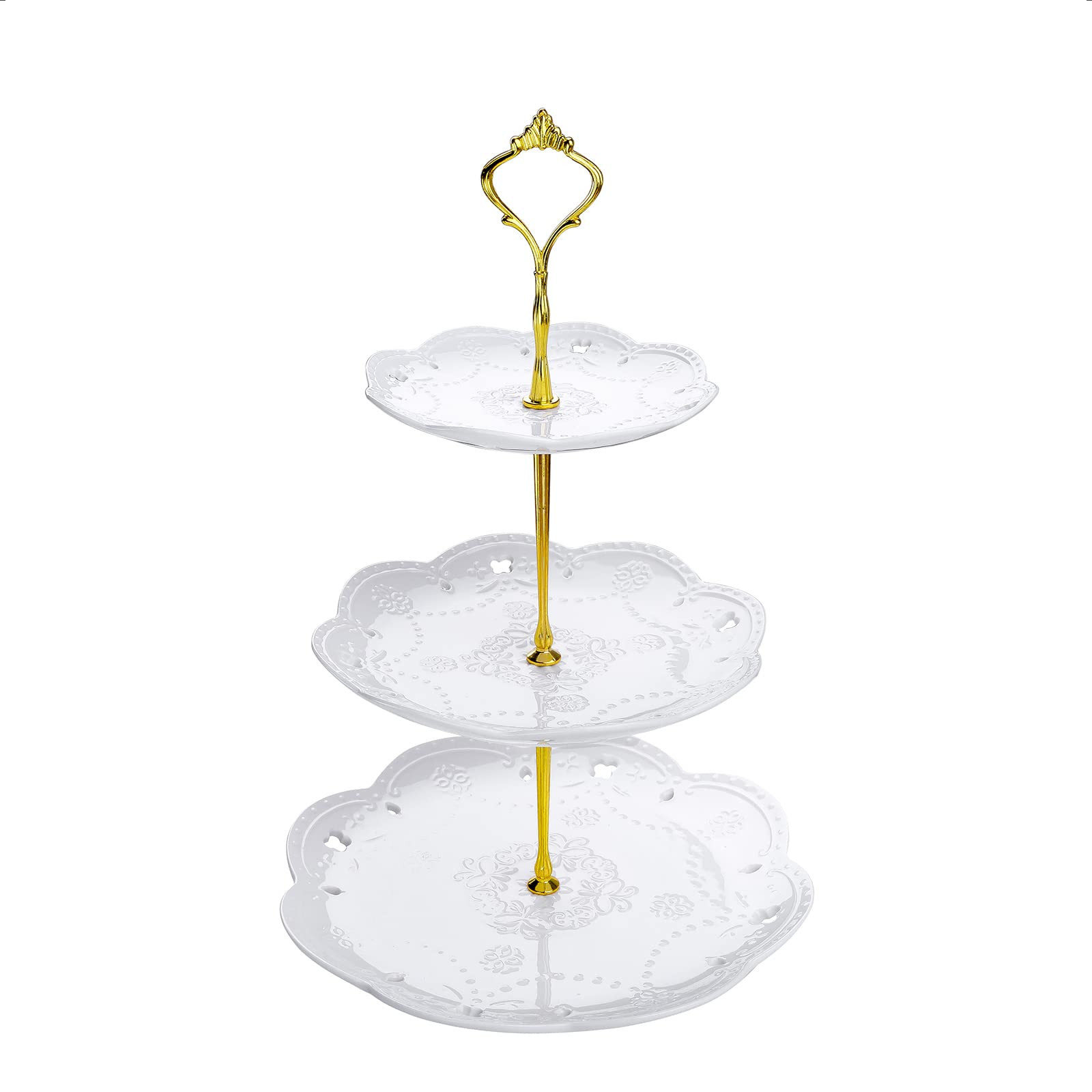 MALACASA 3-Tier Cupcake Stand, Porcelain Round Tiered Cake Stand Serving Platters, White Embossed De | Amazon (US)