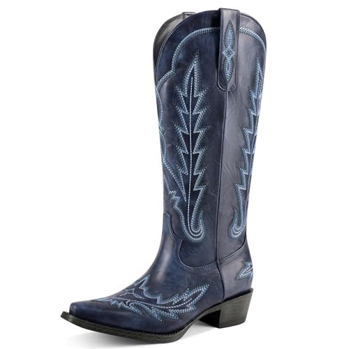zhsrin Blue Cowboy Boots For Women Cowgirl Boots Pull On Knee High Retro Chunky Heel Square Toe Wide Calf Western Boot for Ladies Rodeos Party Concert Festival Blue 9.5 | Amazon (US)