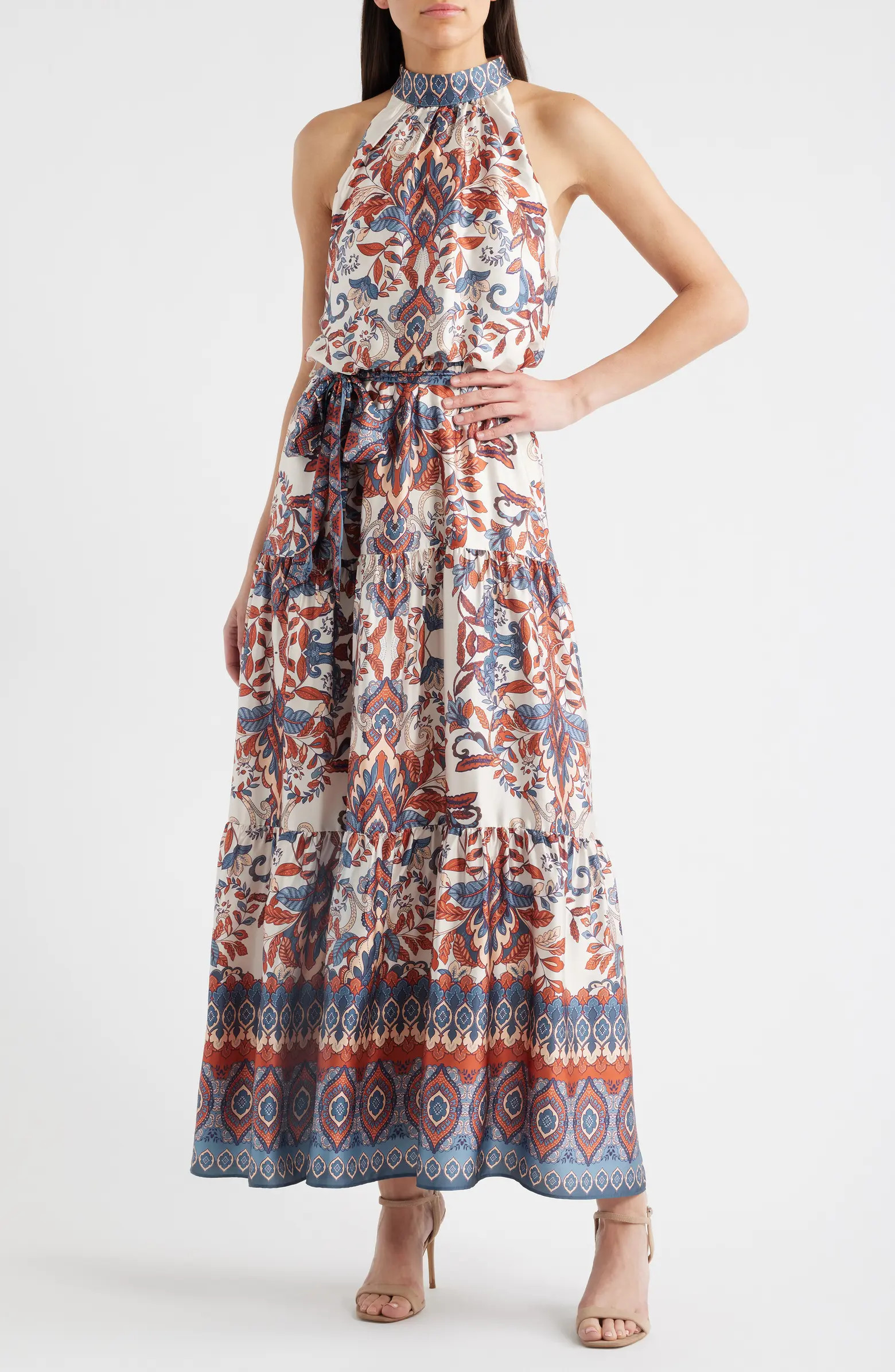 Sleeveless Tiered Mock Neck Waist Tie Dress | Nordstrom