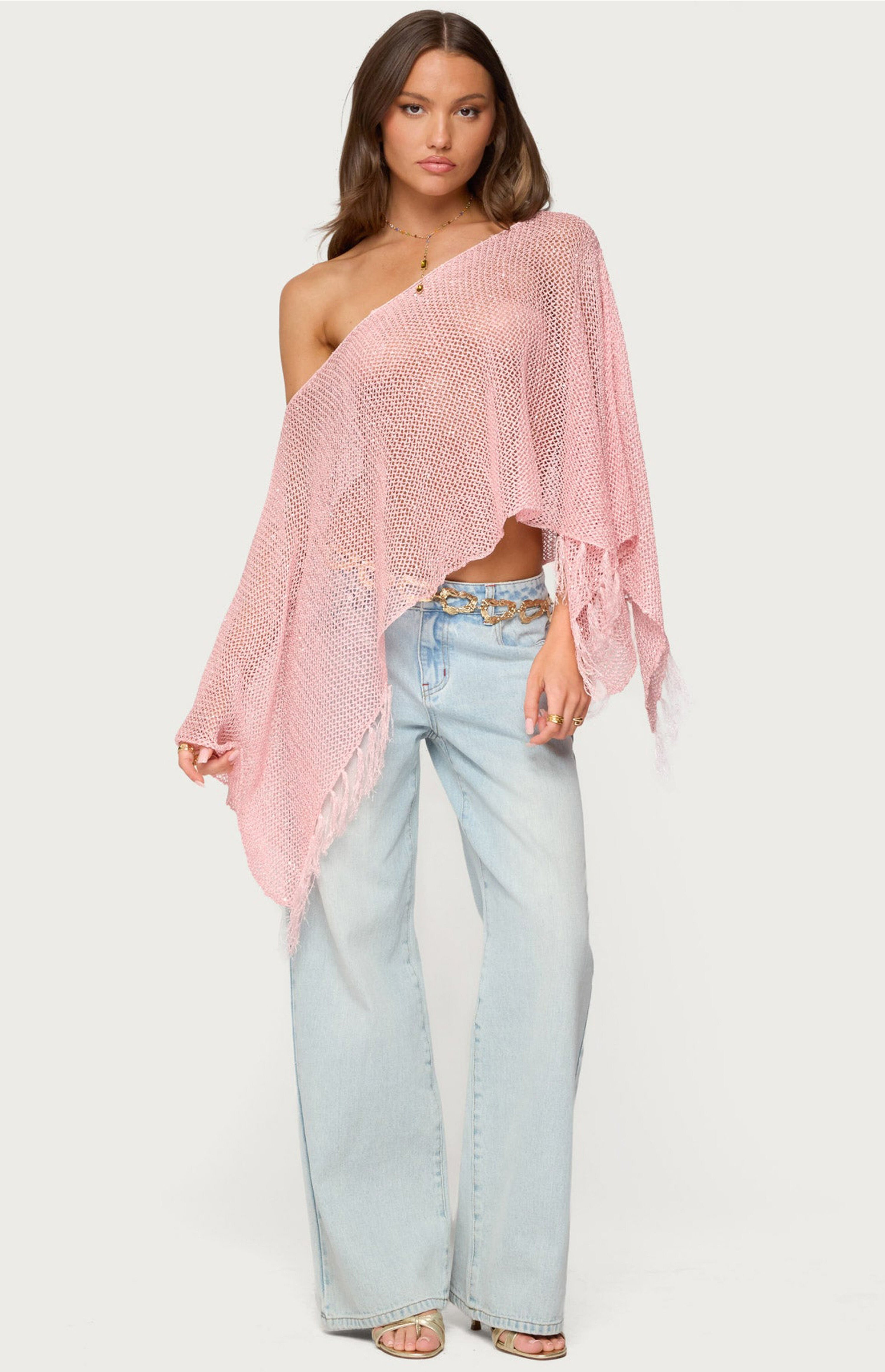 Edikted Sequin Fringe Knit Poncho | PacSun