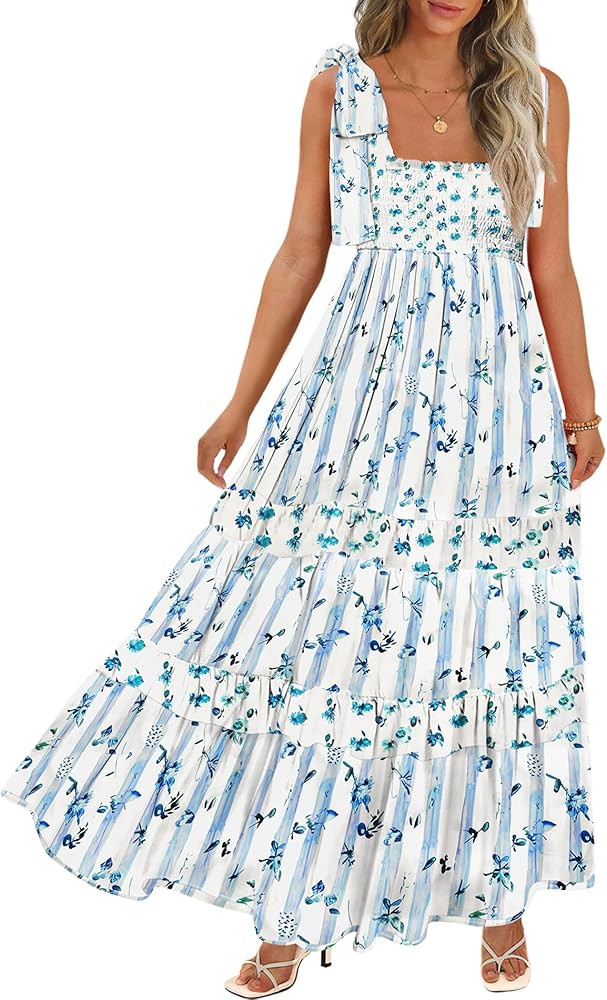Women's Summer Maxi Dress Boho Spaghetti Straps Casual Long A-line Smocked Beach Dress Square Nec... | Amazon (US)