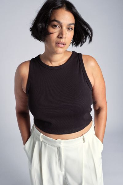 Crop Tank Top - Sleeveless - Crop - Cream/black striped - Ladies | H&M US | H&M (US + CA)