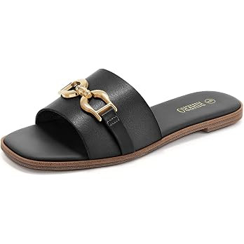 Rihero Women's Flat Sandals Summer Comfortable Square Open Toe Slip On Leather Slide Sandals | Amazon (US)