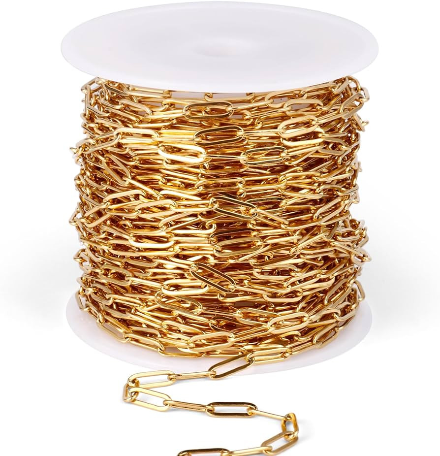 [33 Ft] Stainless Steel Paperclip Chains Roll, 3mm Width 18K Gold PVD Plated Stainless Steel Oval... | Amazon (US)