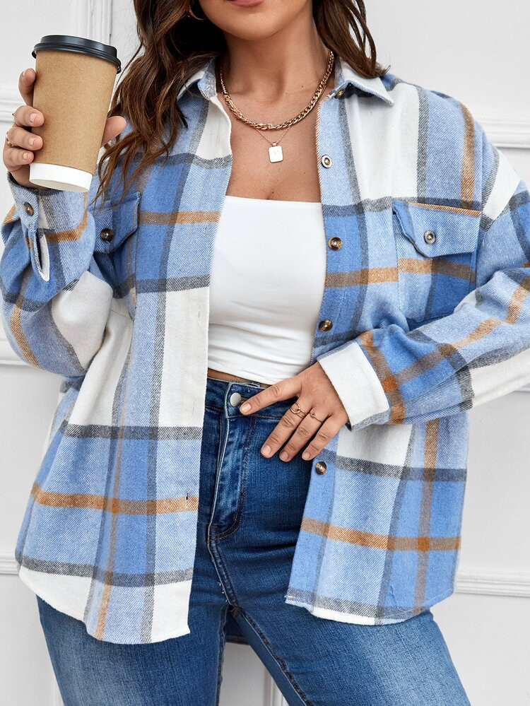 Plus Plaid Print Pocket Front Drop Shoulder Shirt | SHEIN