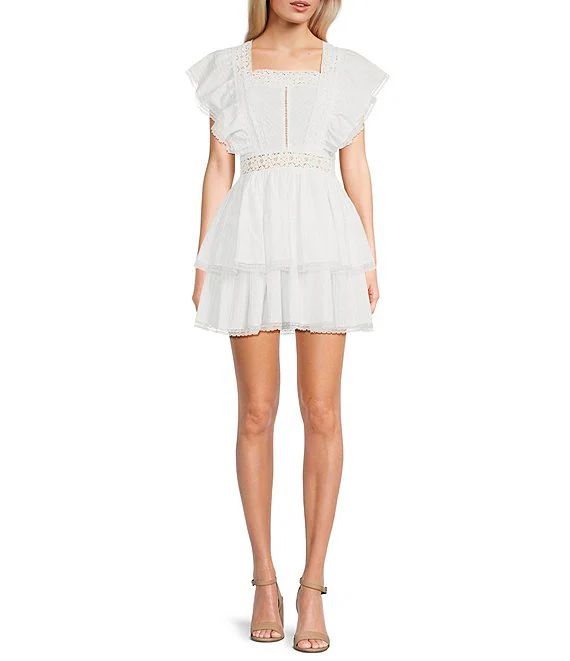 Lace Square Neck Short Flutter Sleeve Tiered Mini Dress | Dillard's | Dillard's
