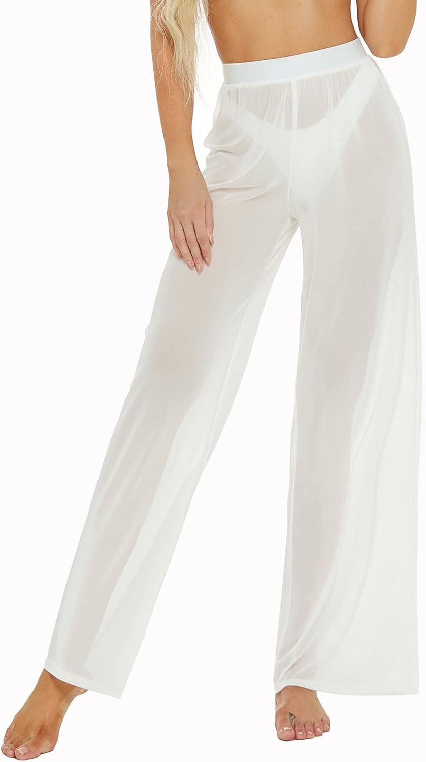 RUEWEY Women See Throug Mesh Flare Cover up Pants Swimsuit Bikini Bottom Cover up Elastic Waist W... | Amazon (US)