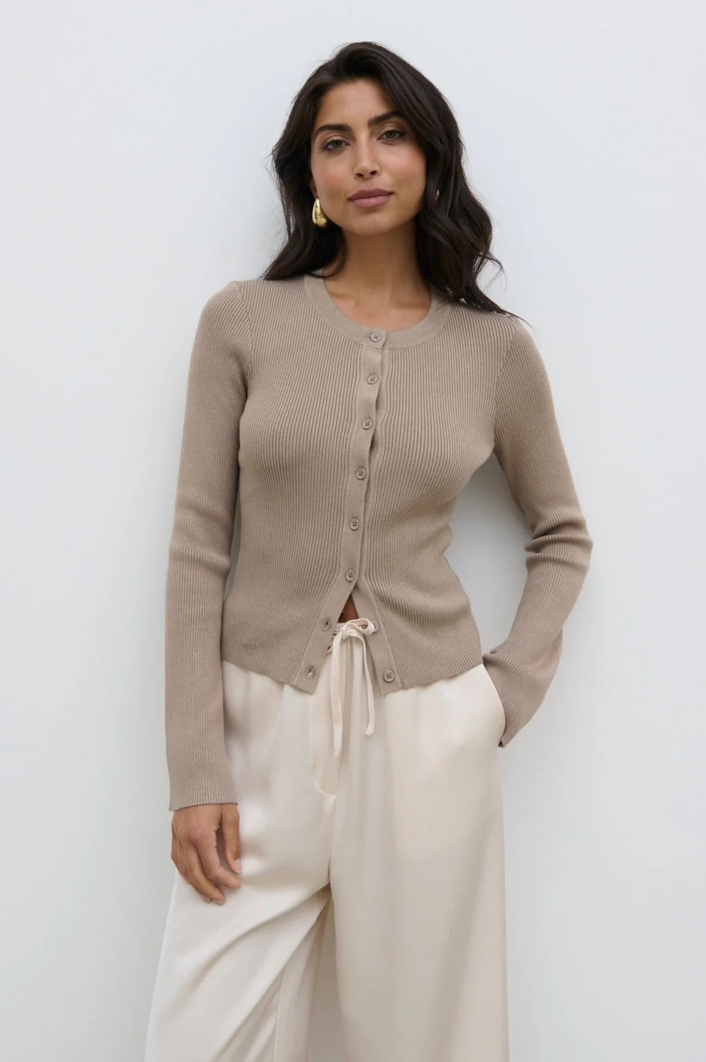 Lacey Button Down Top - Taupe | Pretty Lavish (UK)
