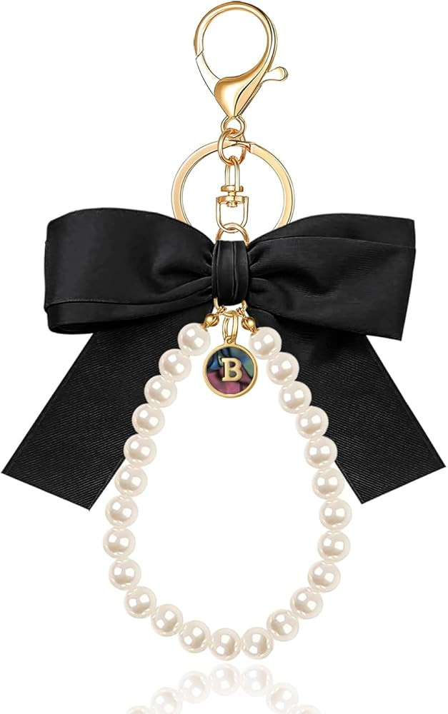 XGALBLA Initial Letter Cute Coquette Bow Keychain for Women, Wristlet Simulated Pearl Keychains B... | Amazon (US)
