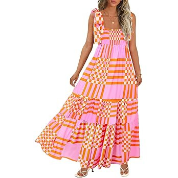 CURBODO Women's Summer Maxi Dress Boho Spaghetti Straps Casual Long A-line Smocked Beach Dress Sq... | Amazon (US)