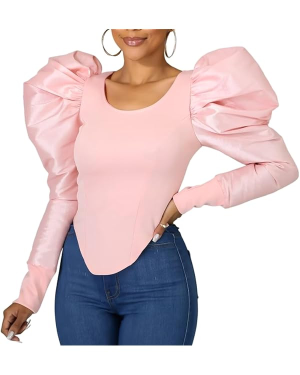 Yanfoam Women's Elegant Puff Long Sleeve Tunic Top Crew neck T-Shirt for Party Outfit Blouse | Amazon (US)