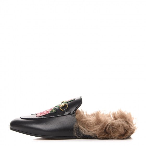 GUCCI Calfskin Fur Flower Embroidered Princetown Slippers 41 Black | Fashionphile