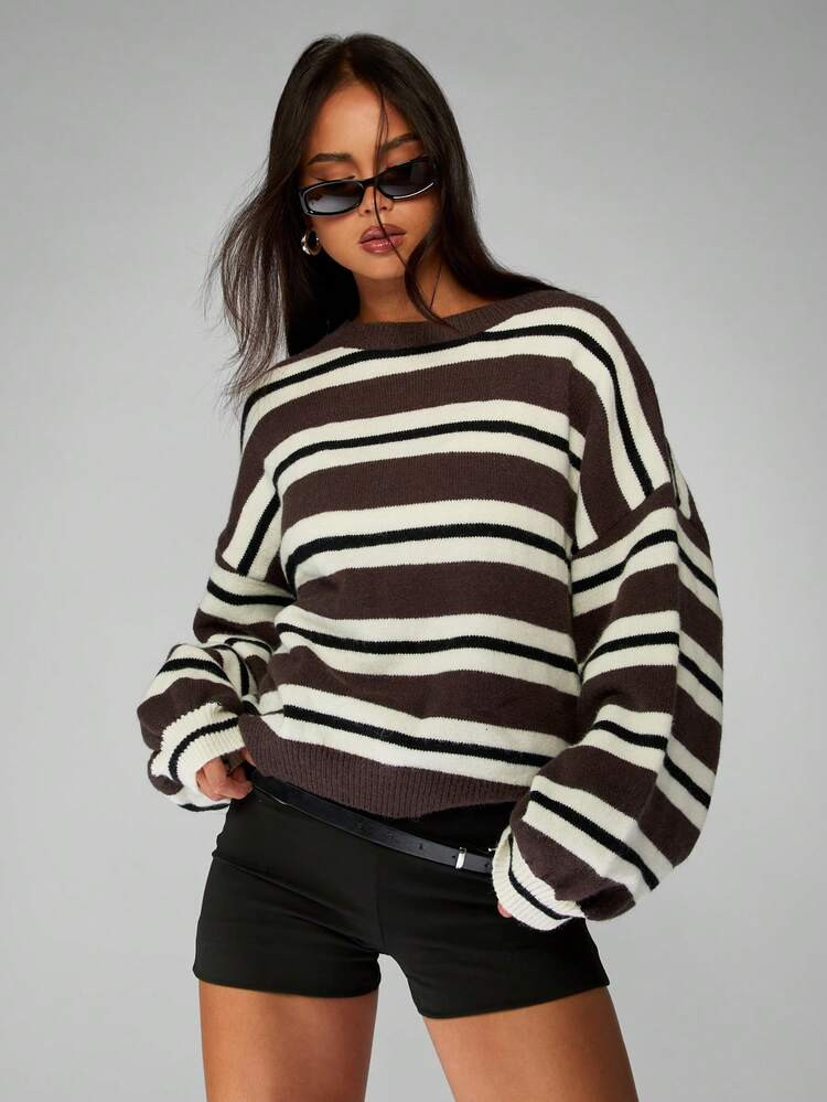 MISSGUIDED Boxy Fit Oversized Striped Knit Sweater Winter Casual Pullover Brown White Pattern Bal... | SHEIN