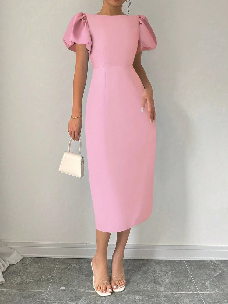 Pink Puff Sleeve Dress | SHEIN