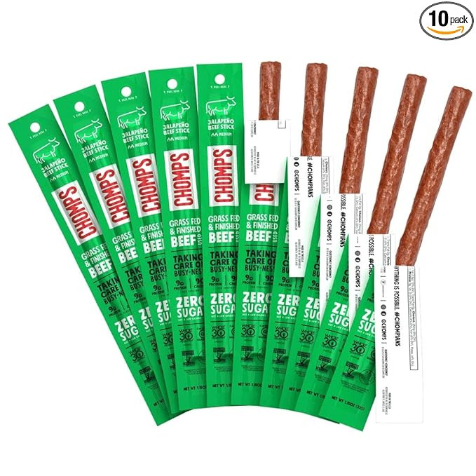 CHOMPS Grass Fed Beef Jerky Meat Snack Sticks, Keto, Paleo, Whole30 Approved, Low Carb, High Prot... | Amazon (US)
