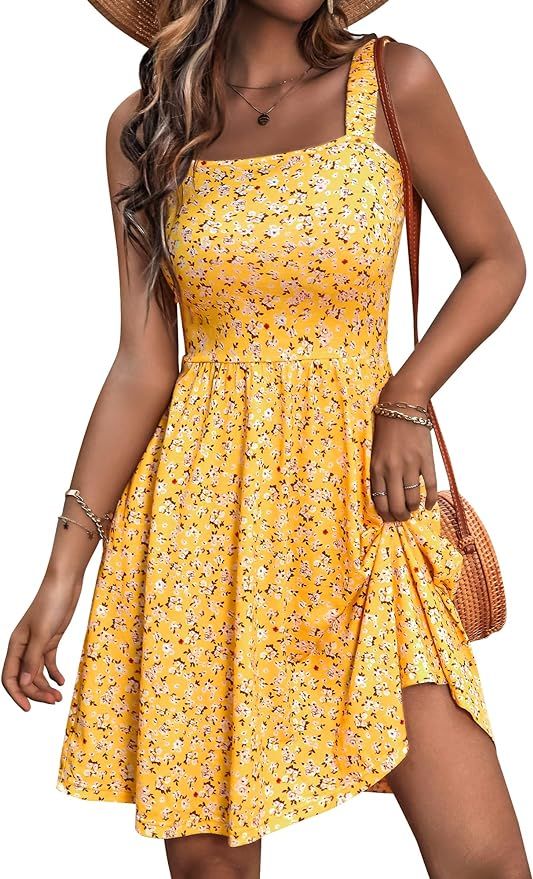 HUHOT Women's Summer Casual Square Neck Dress with Pocket Cute Sleeveless High Waist A-line Sundr... | Amazon (US)