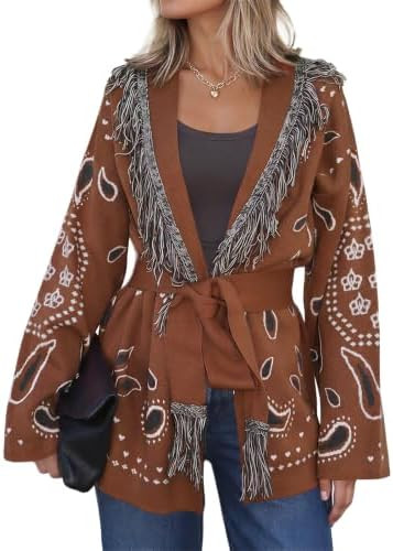 Cicy Bell Womens Fringe Cardigan Printed Long Sleeve V Neck Belt Sweaters | Open Front, Boho Swea... | Amazon (US)
