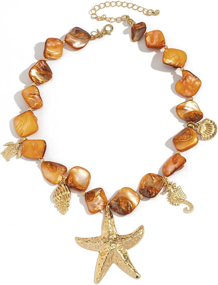 Chunky Pearl Necklace&Bracelet for Women Beach Starfish Shell Boho Statement Jewelry Vacation Fre... | Amazon (US)