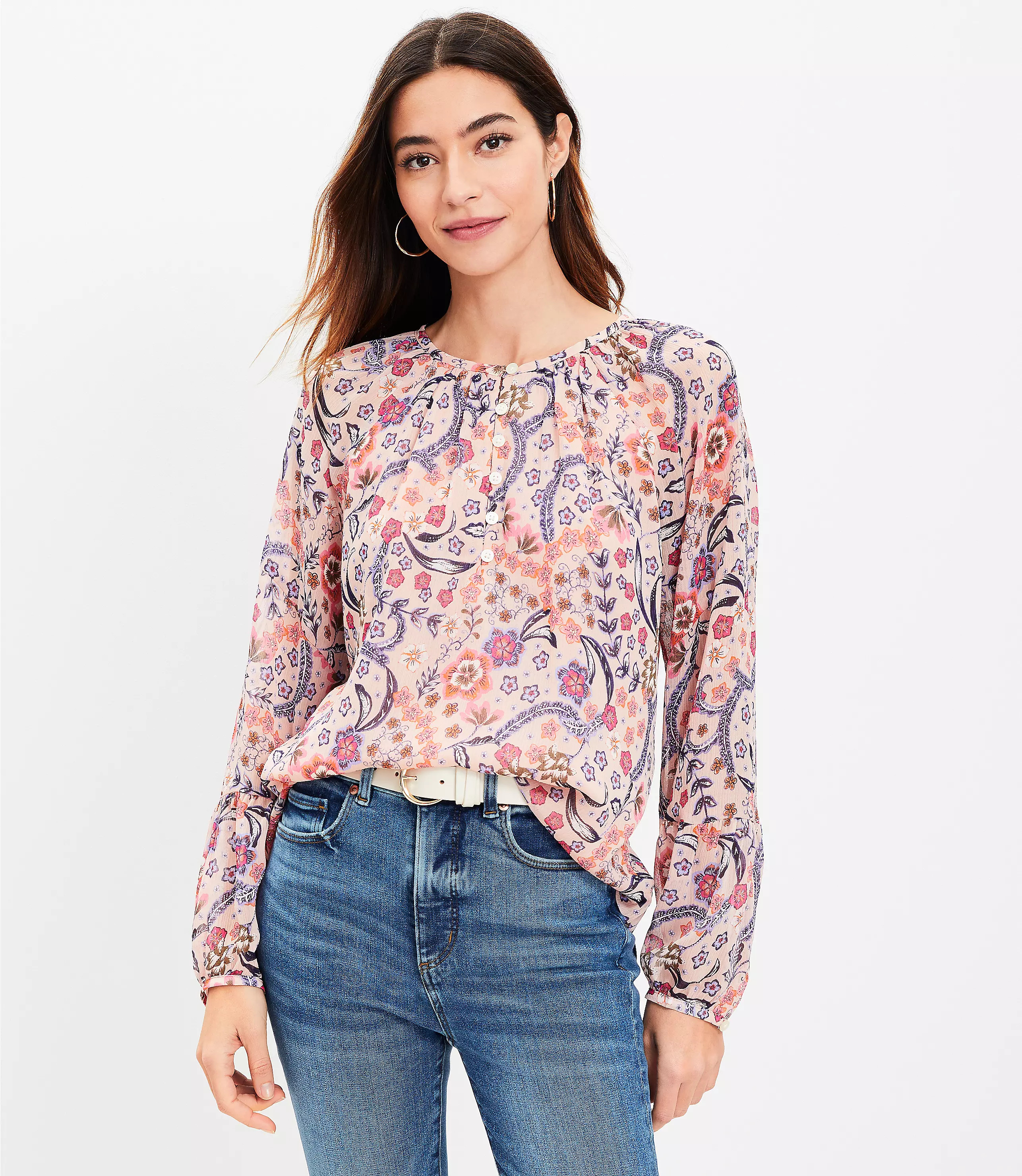 Bloom Bubble Sleeve Henley Top | LOFT