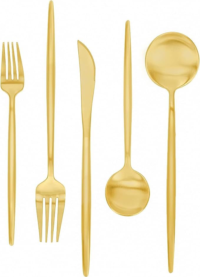 Matte Gold Silverware Set 30 Pieces, FAMEWARE Stainless Steel Flatware Set，Service for 6，Kit... | Amazon (US)