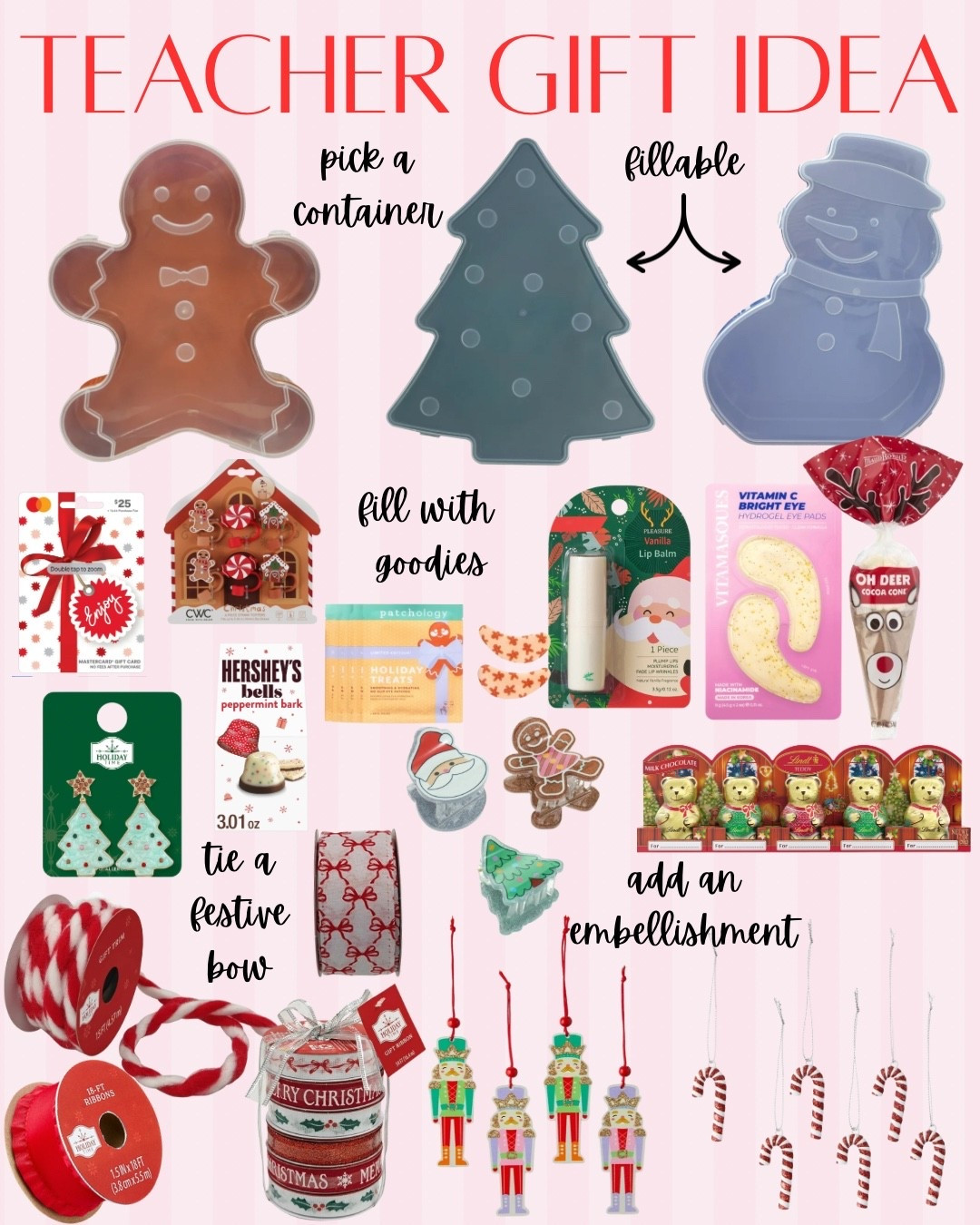 Festive teacher gift idea!! 🎄🎅🏻☃️ 
step 1: pick a container 
step 2: fill with a gift card & goodies 
step 3: tie a festive bow 
step 4: add an embellishment and gift tag 🌟

#LTKHoliday #LTKGiftGuide #LTKmomlife