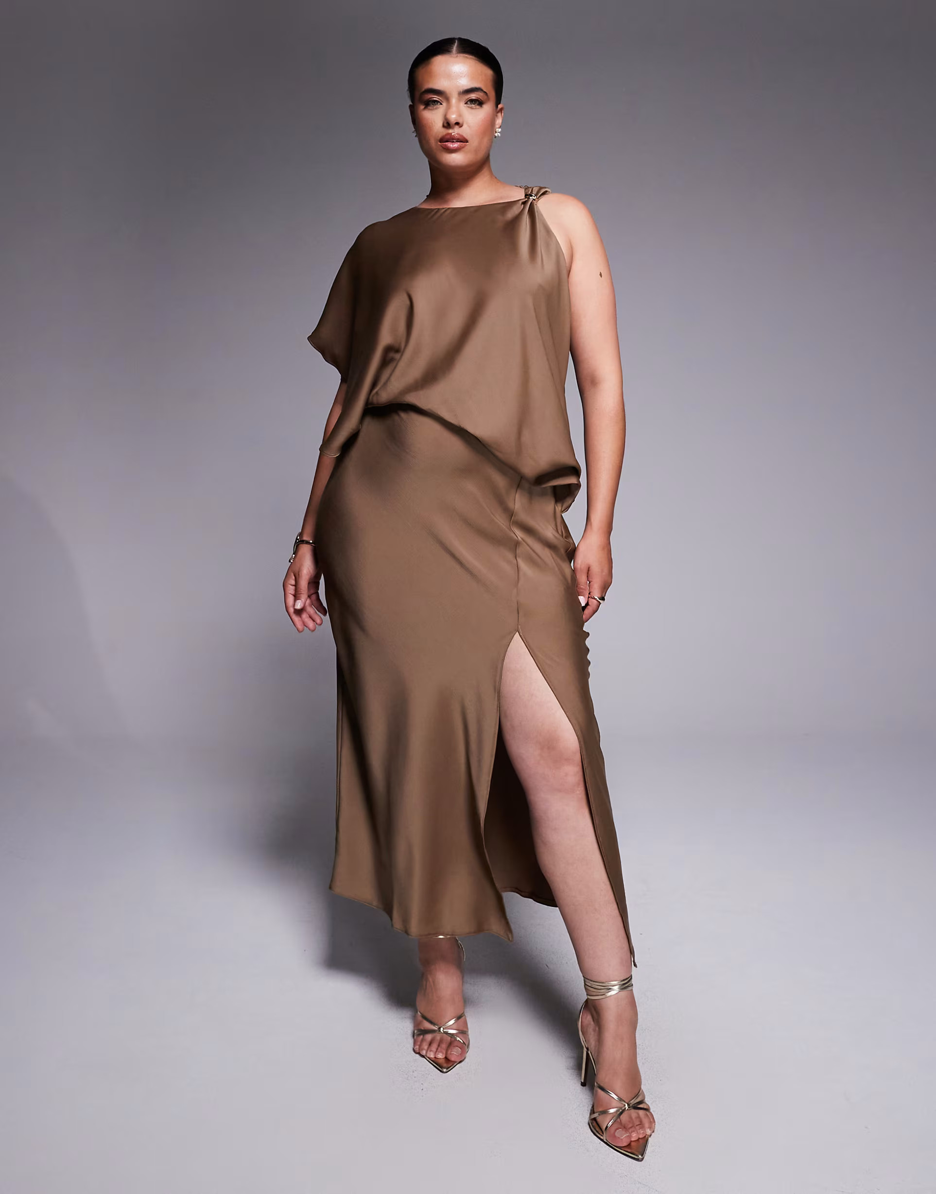 ASOS DESIGN Curve drape bodice satin midi dress with trim detail in chocolate | ASOS (Global)