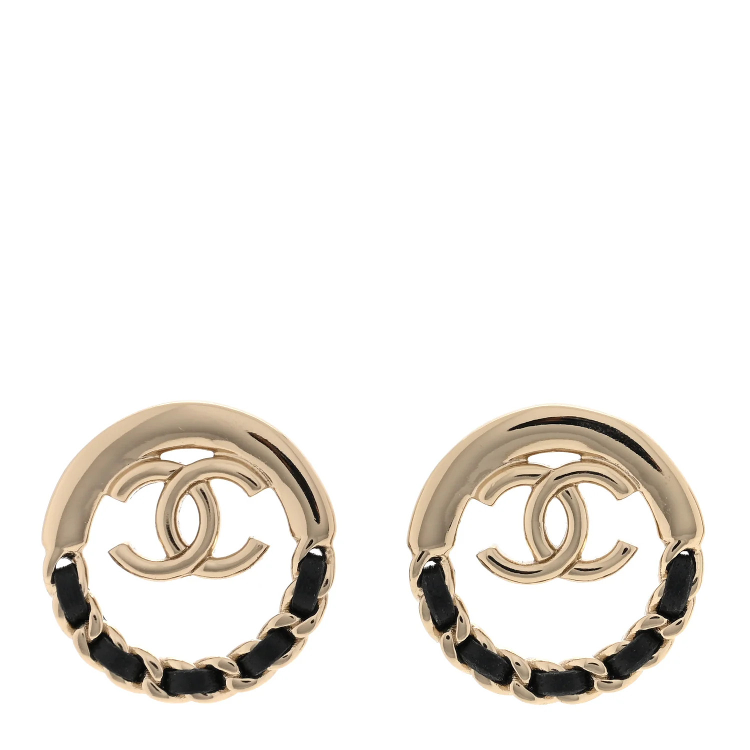 Lambskin Chain CC Round Earrings Gold Black | FASHIONPHILE (US)