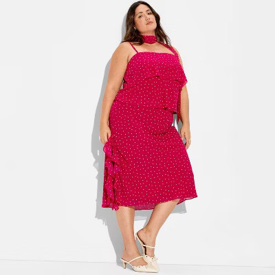 Women's Chiffon Ruffle Below Knee Midi Skirt - Wild Fable™ Red Polka Dots 3X | Target