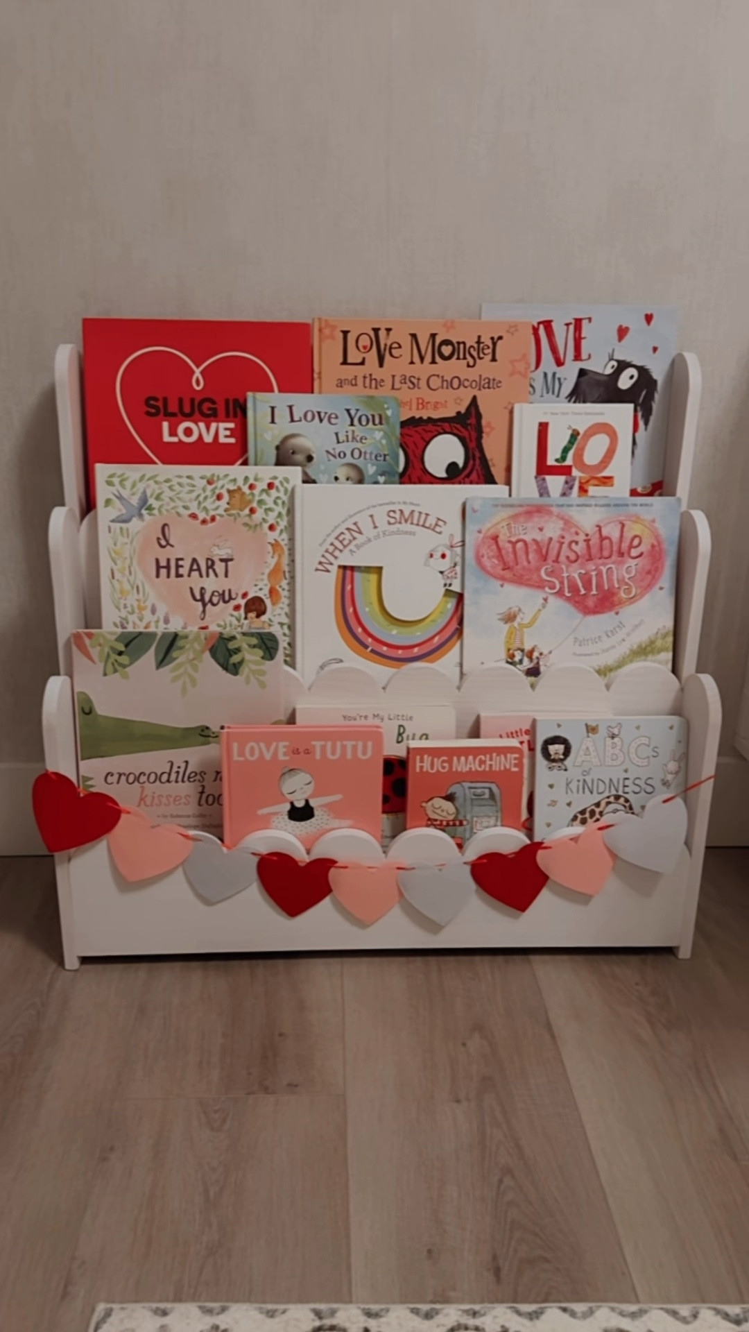 Kids valentine’s day bookshelf and books 