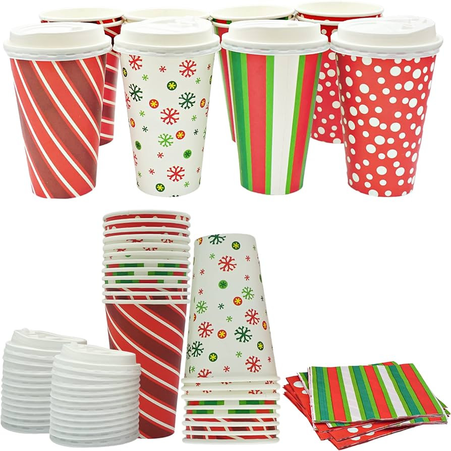 4E's Novelty Christmas Paper Cups Disposable 16 oz With Lids & Napkins (12 Packs) for Christmas H... | Amazon (US)