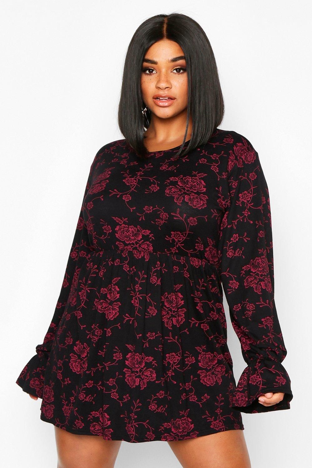Womens Plus Dark Floral Long Sleeve Smock Dress - Black - 14 | Boohoo.com (US & CA)